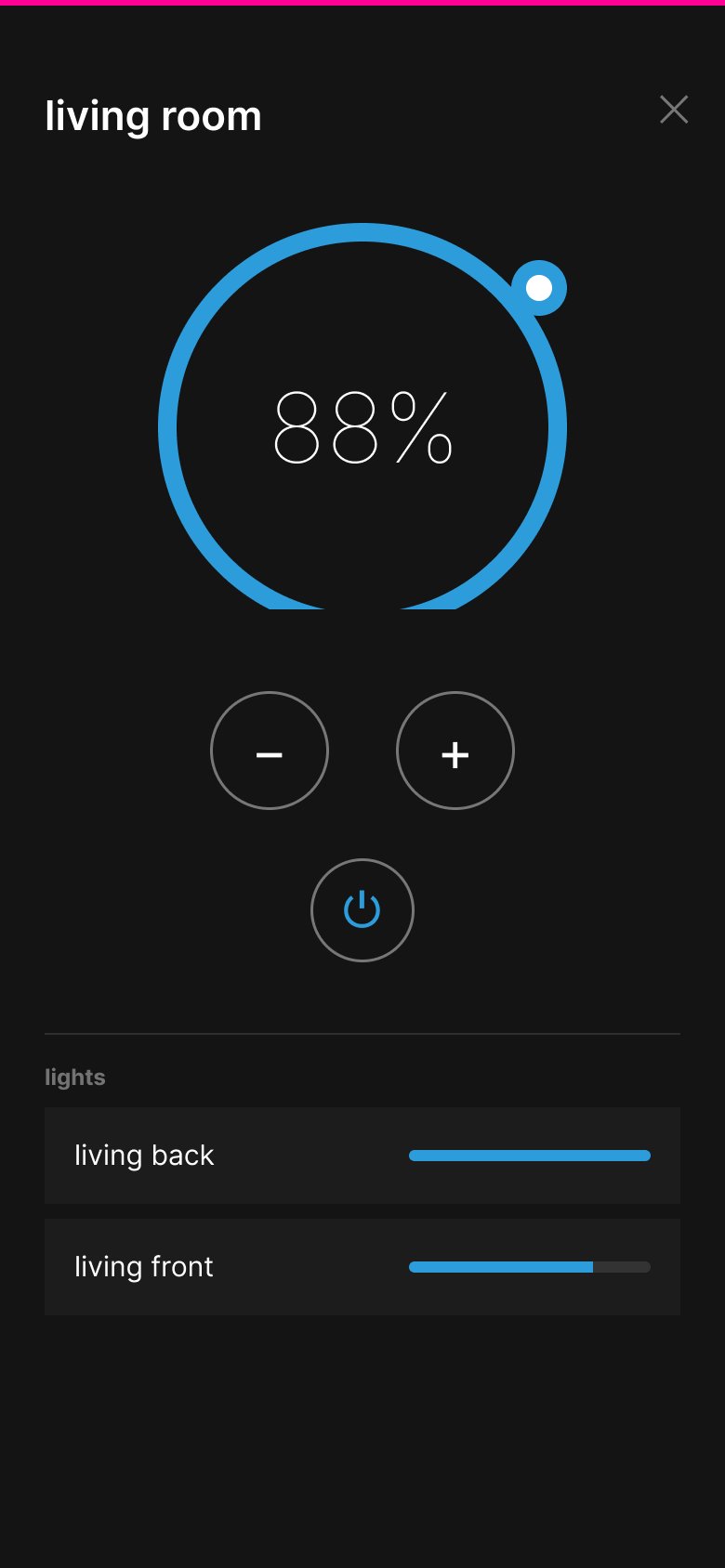 Figma wireframe for the Home Assistant dashboard — light-group long-press popup