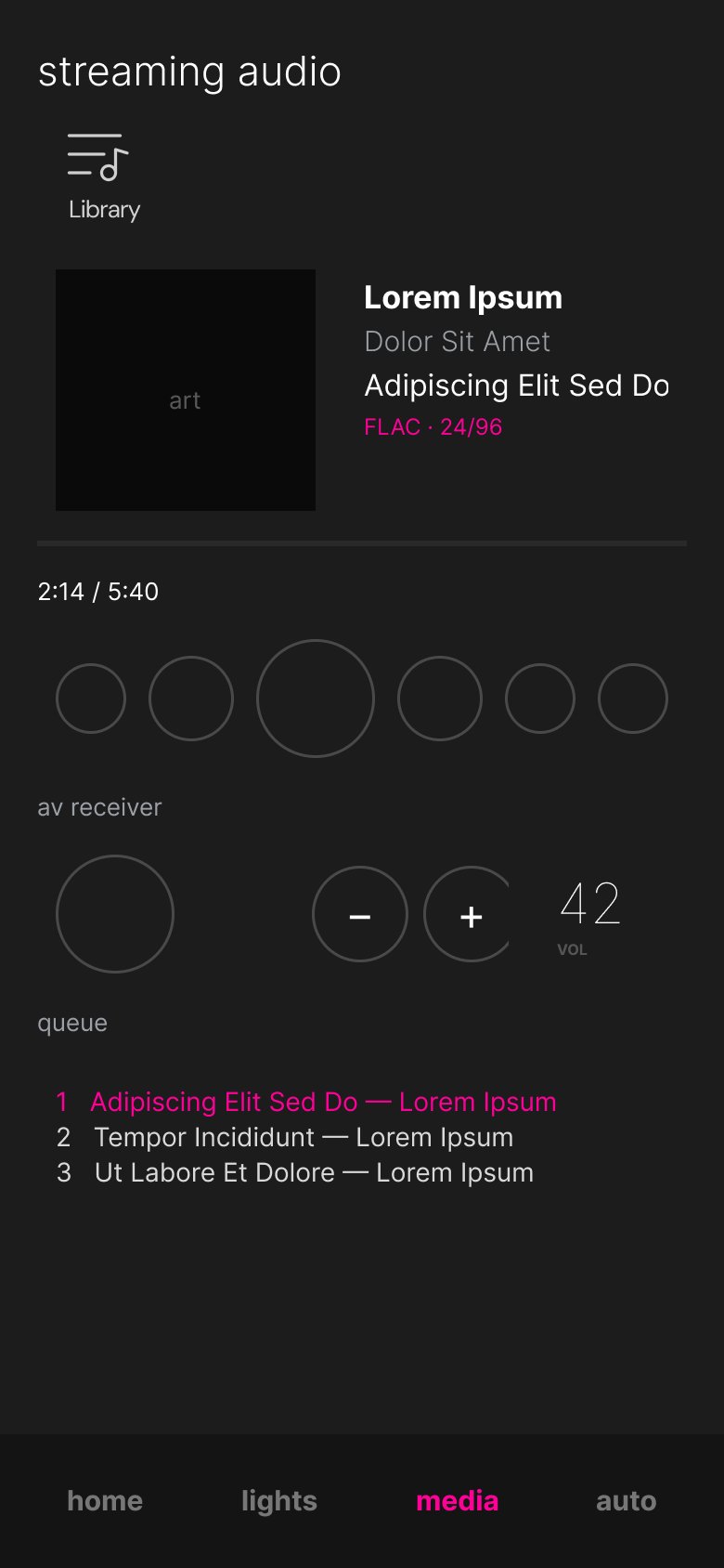 Figma wireframe for the Home Assistant dashboard — mobile music view