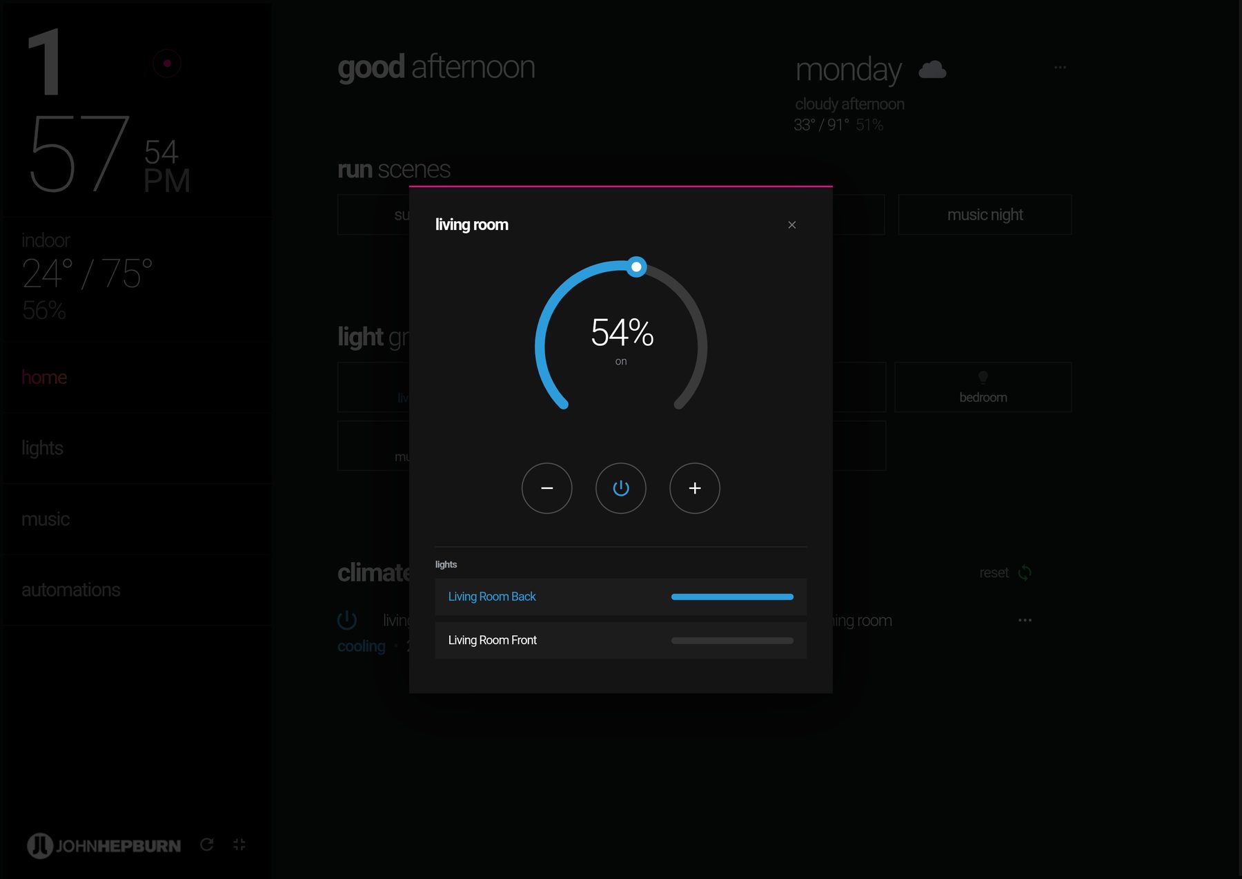 Home Assistant dashboard — long-press light group detail with dimmer dial and per-light control