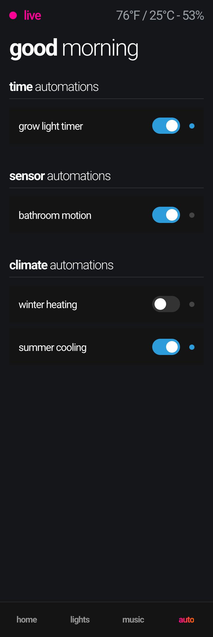 Home Assistant dashboard on a phone — automations view, full page