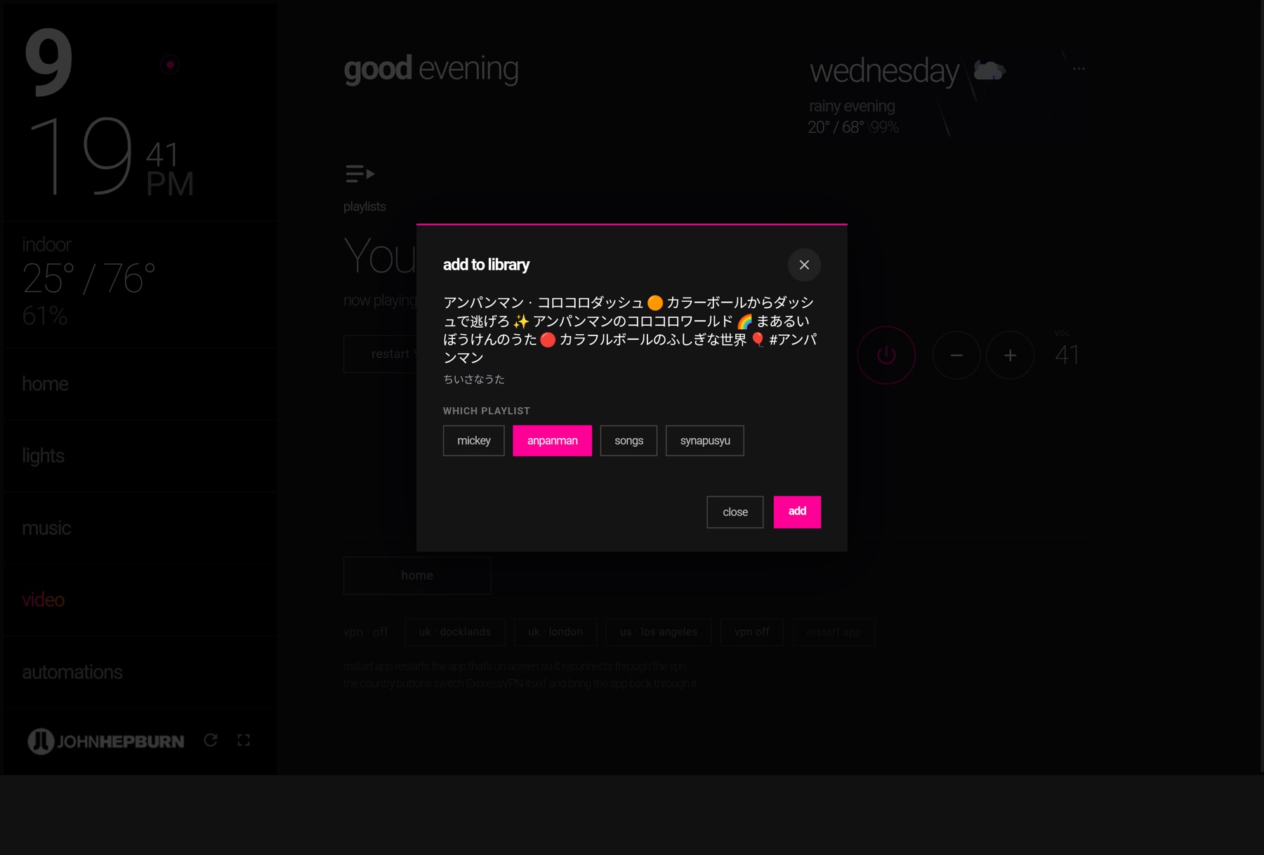 Home Assistant dashboard — add to library popup for the video playing on the TV with a playlist picker