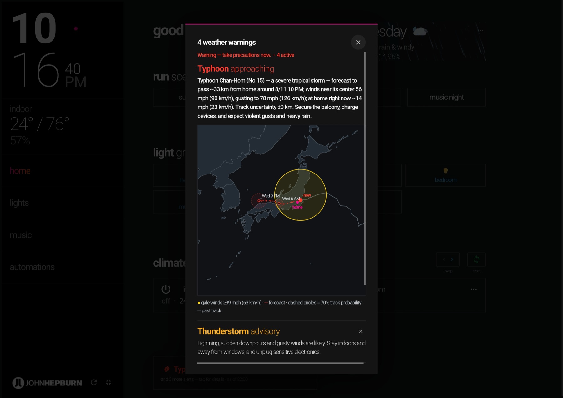 台風進路図つきの警報ポップアップ
